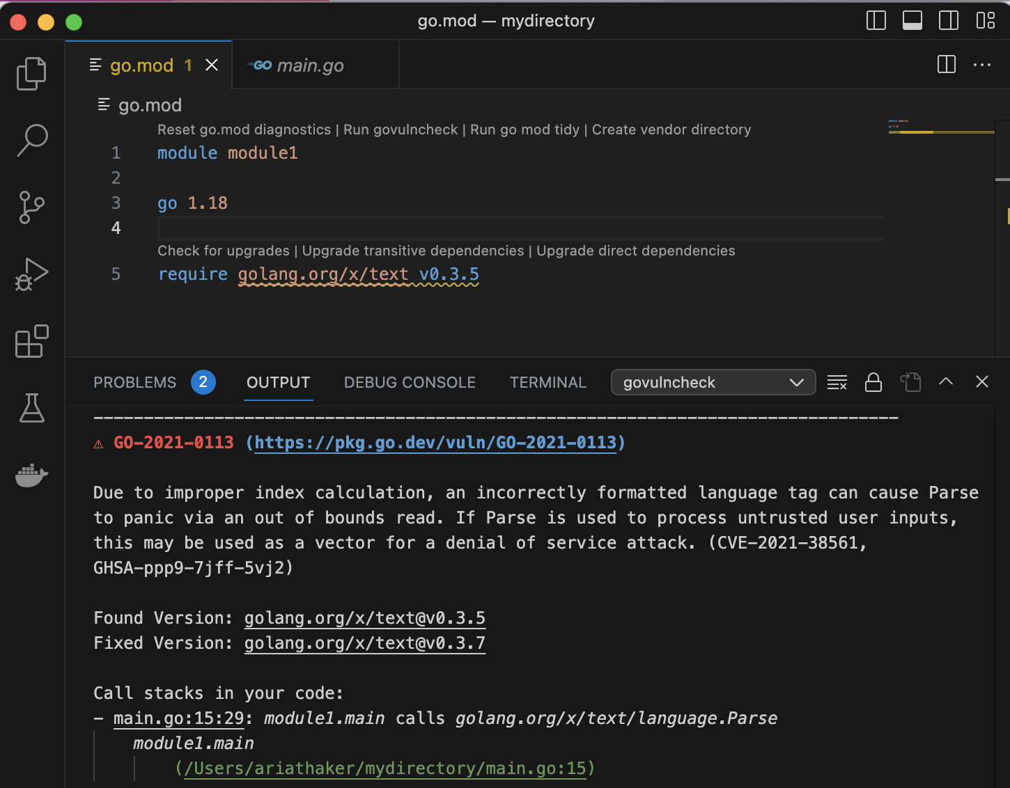 VS Code Go 扩展的 govulncheck 输出